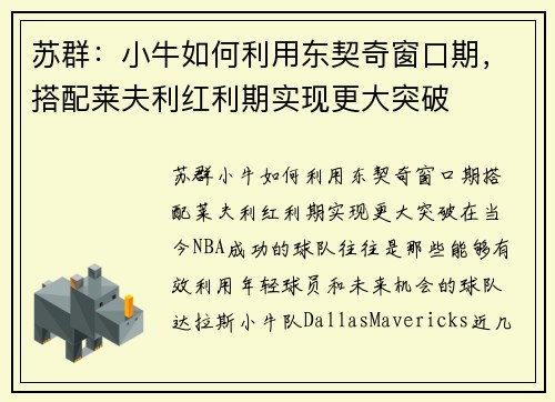 苏群：小牛如何利用东契奇窗口期，搭配莱夫利红利期实现更大突破