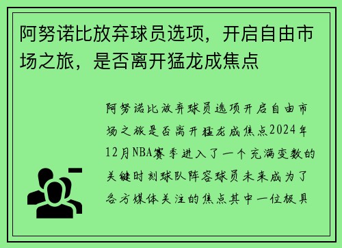 阿努诺比放弃球员选项，开启自由市场之旅，是否离开猛龙成焦点