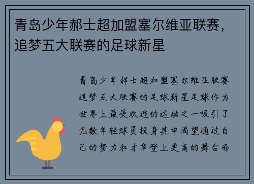 青岛少年郝士超加盟塞尔维亚联赛，追梦五大联赛的足球新星