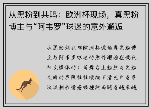 从黑粉到共鸣：欧洲杯现场，真黑粉博主与“阿韦罗”球迷的意外邂逅