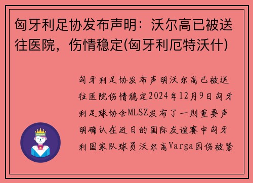 匈牙利足协发布声明：沃尔高已被送往医院，伤情稳定(匈牙利厄特沃什)