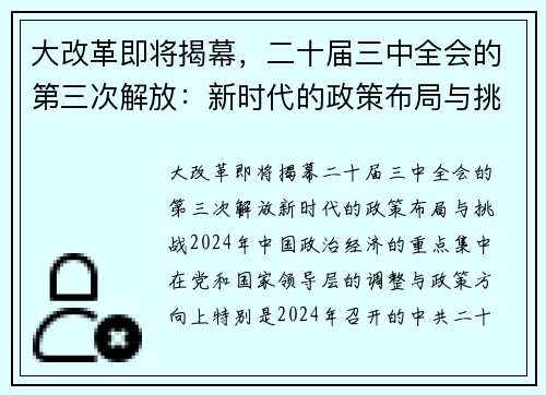 大改革即将揭幕，二十届三中全会的第三次解放：新时代的政策布局与挑战