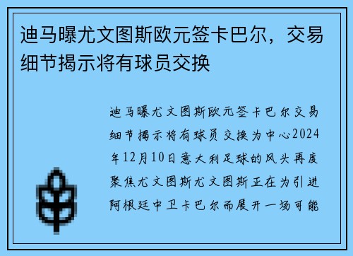 迪马曝尤文图斯欧元签卡巴尔，交易细节揭示将有球员交换