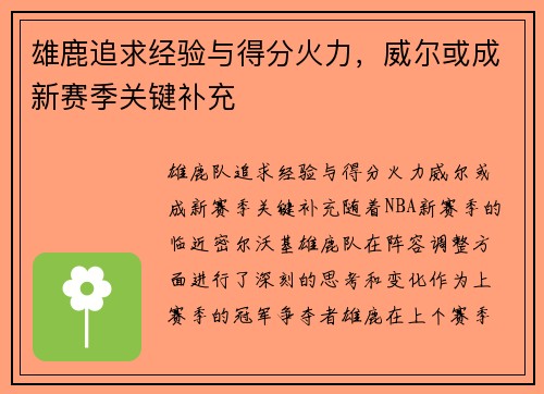 雄鹿追求经验与得分火力，威尔或成新赛季关键补充